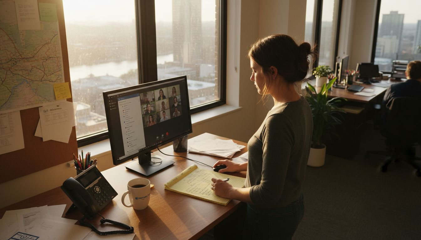 Project manager using Teams in busy office