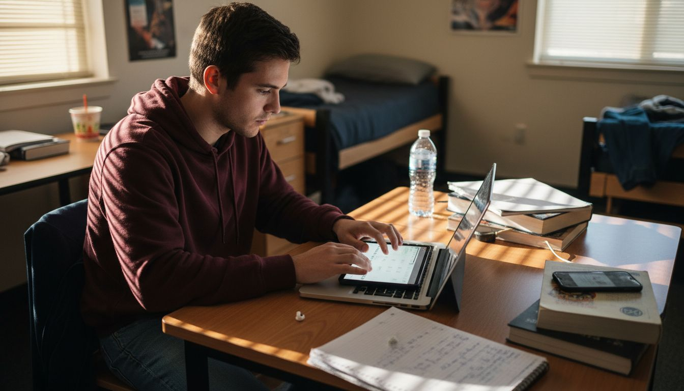 Student at cluttered desk planning daily priorities