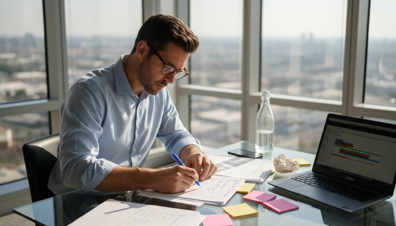 Project manager reviewing checklist at cluttered desk
