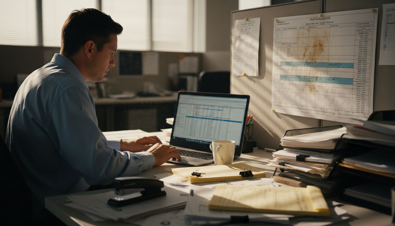 Man adjusting project plan with paperwork