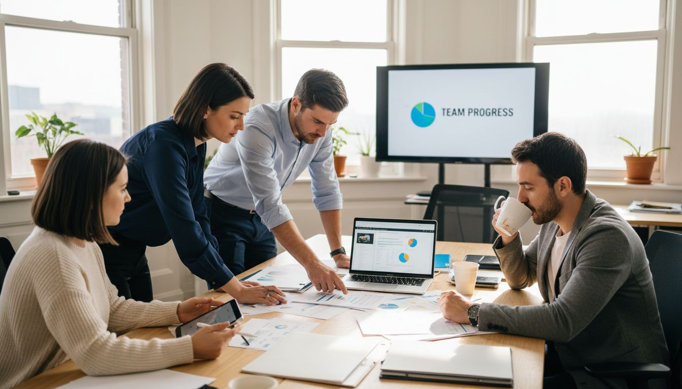 Team collaborating in office on projects