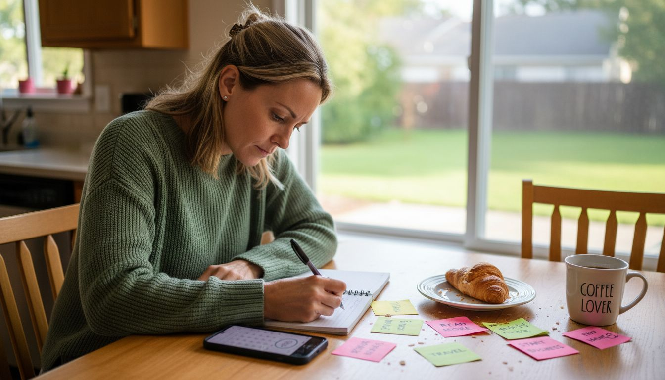 Woman writing personal goals at kitchen table