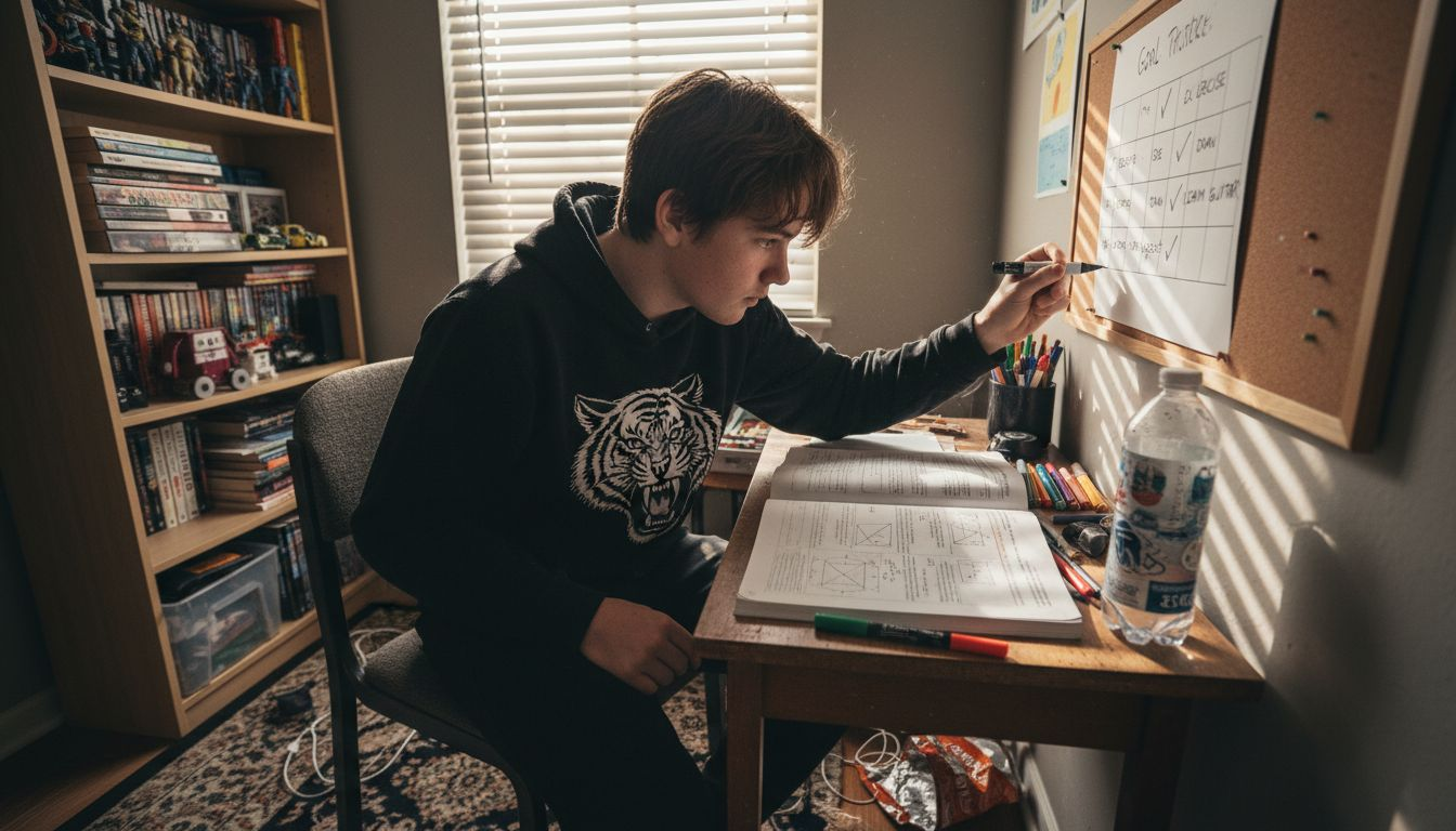 Student updating personal goal tracker in bedroom