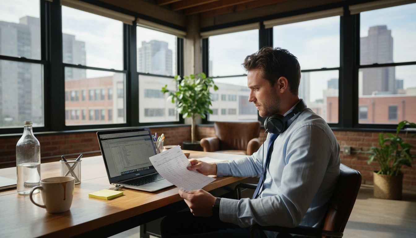 Man time tracking in busy corner office