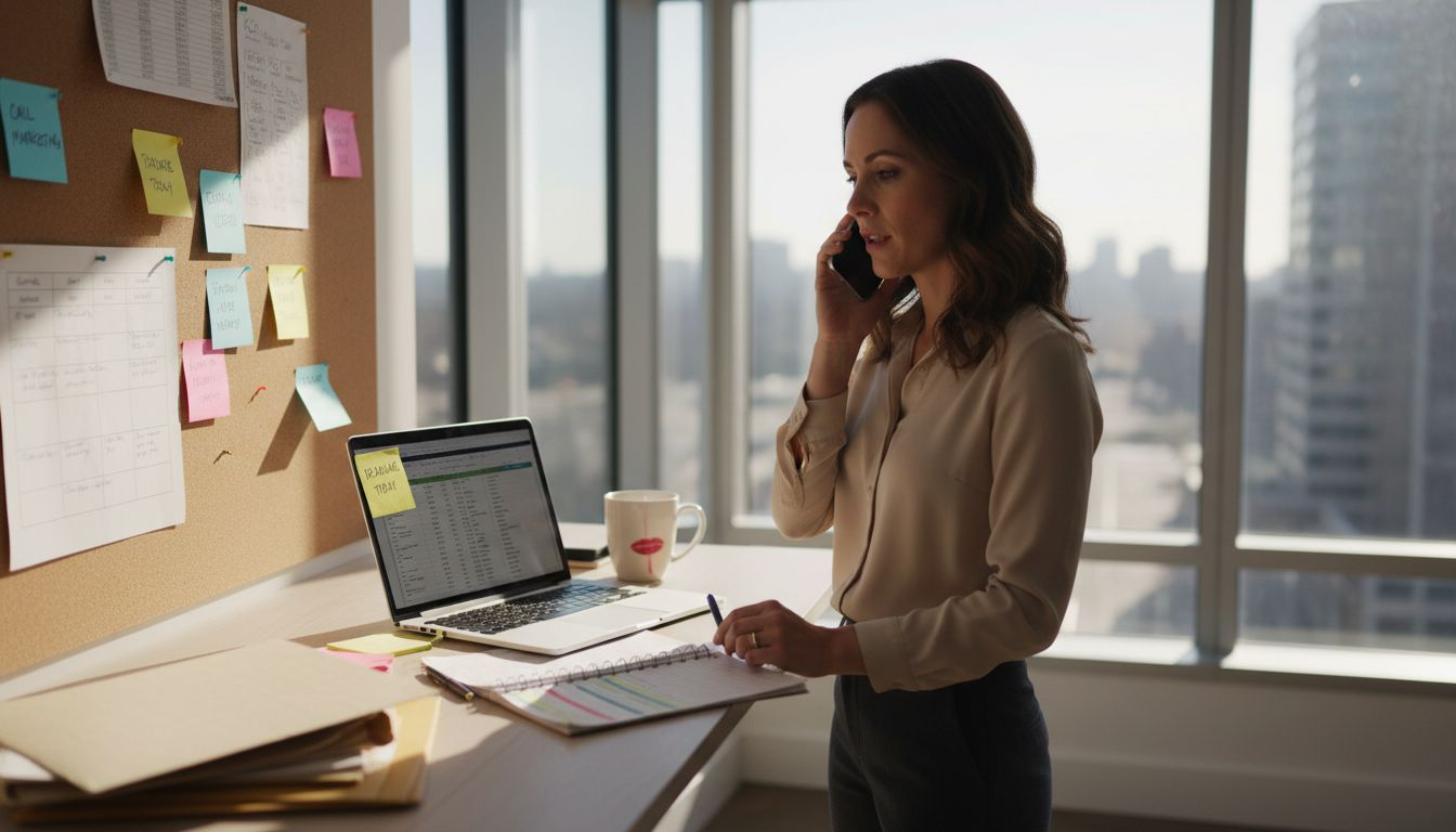Professional multitasking at bright office desk