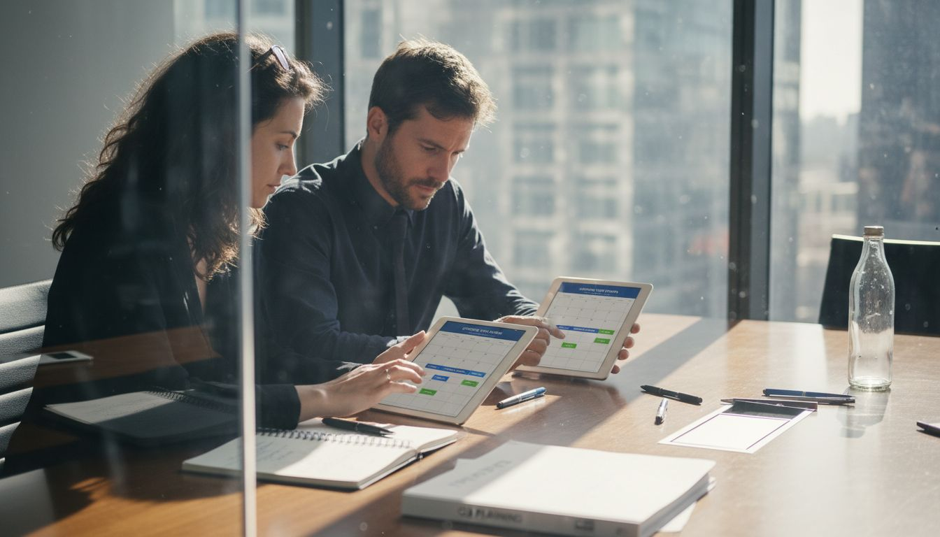 Colleagues viewing shared digital calendar