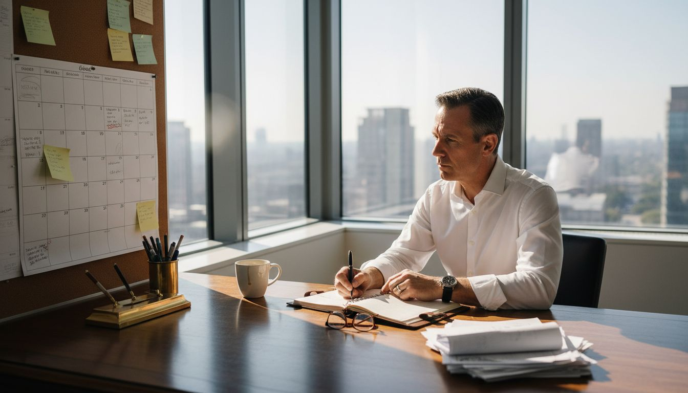 Man writing goals in sunlit office workspace