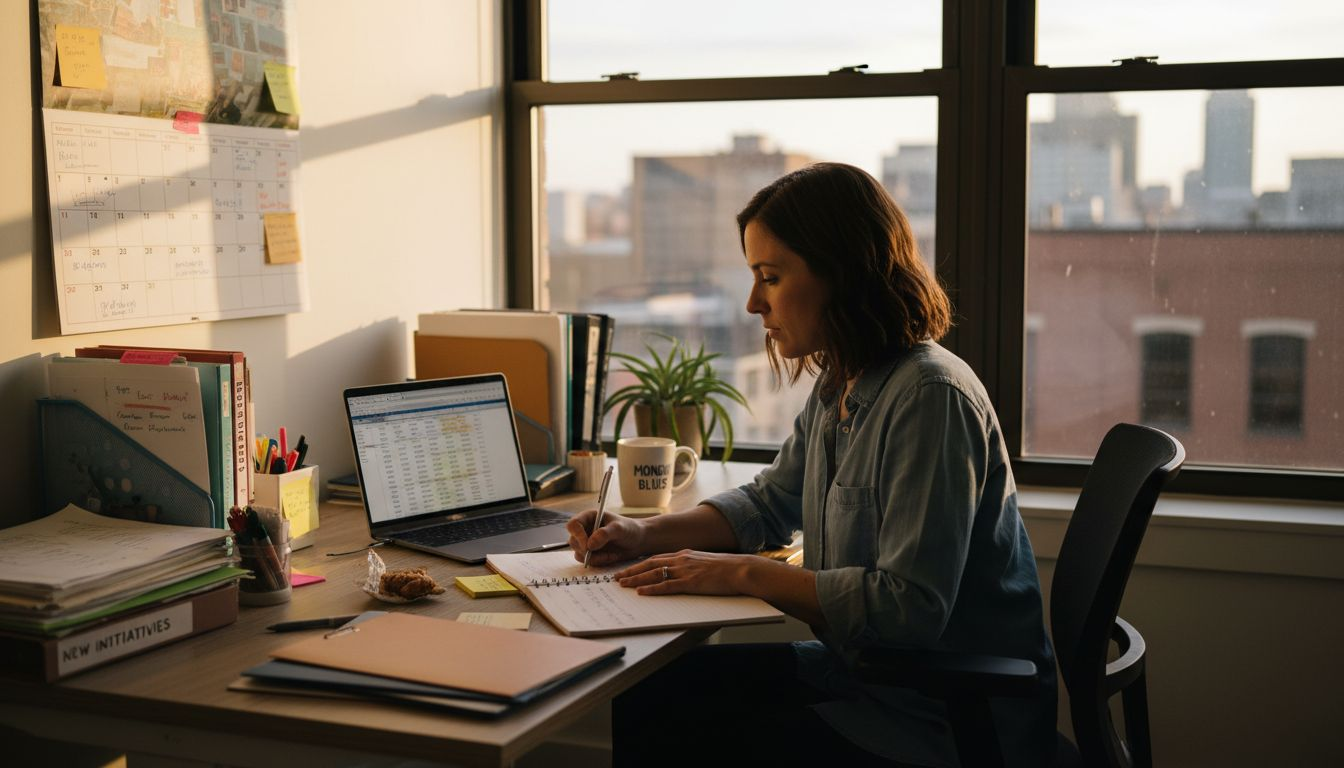 Woman reflecting on productivity goals at office desk
