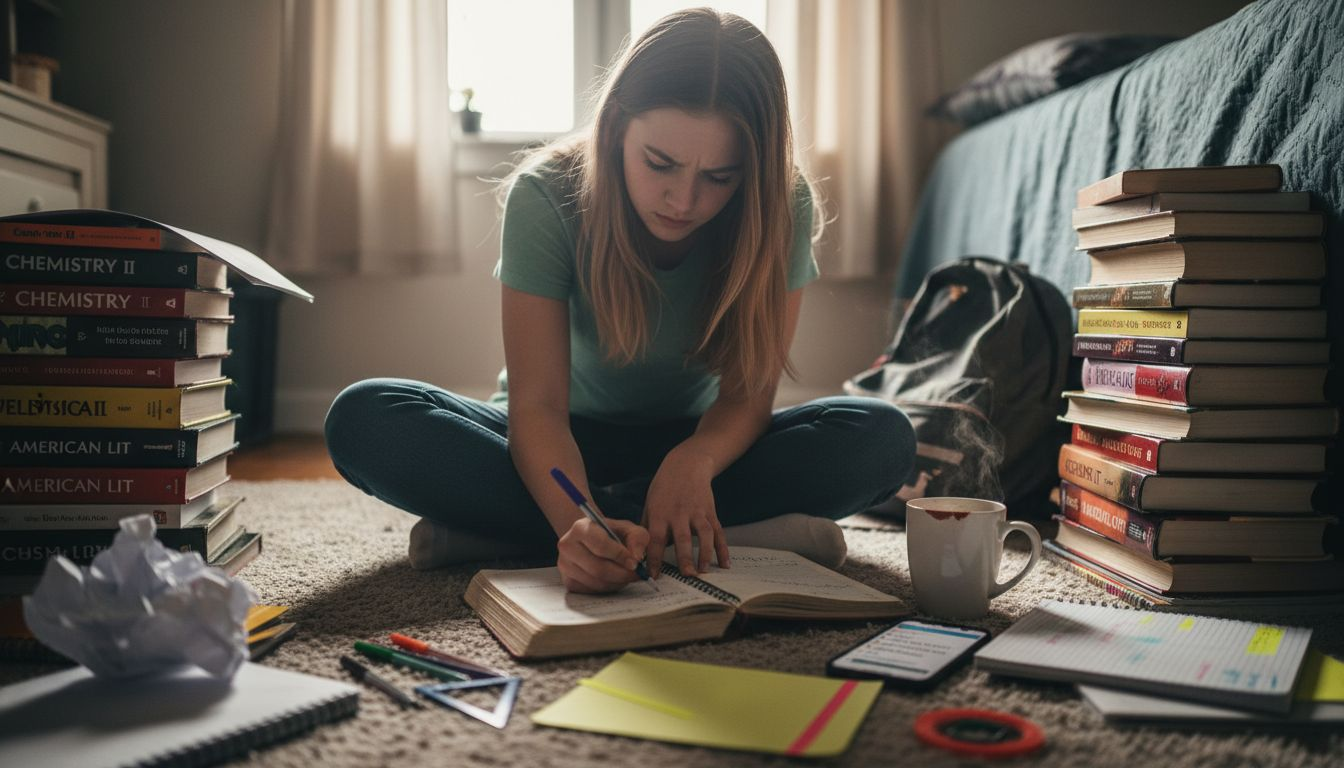 Student organizing goal reflection journal at home