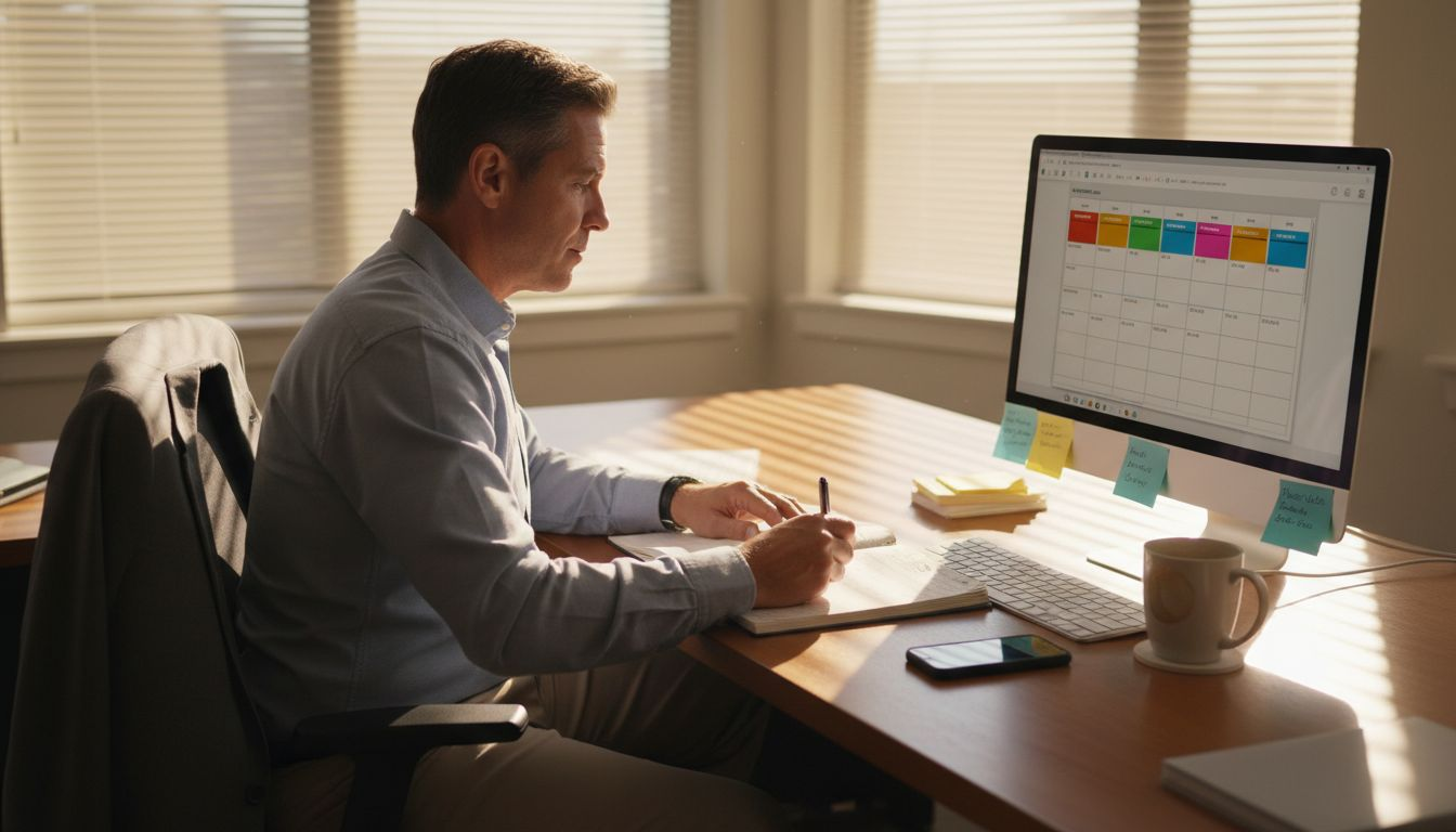 Professional prioritizing tasks at busy office desk