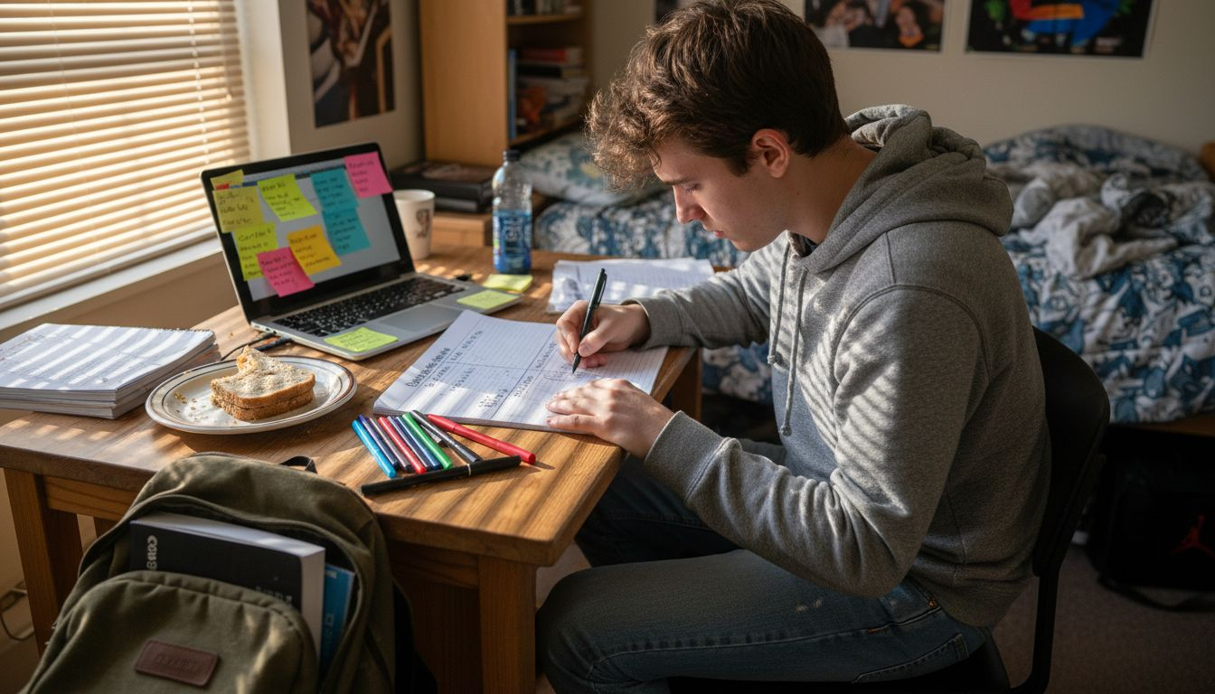 Student makes priority matrix at cluttered desk