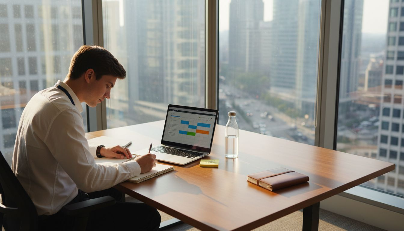 Professional managing tasks at desk with calendar and notes