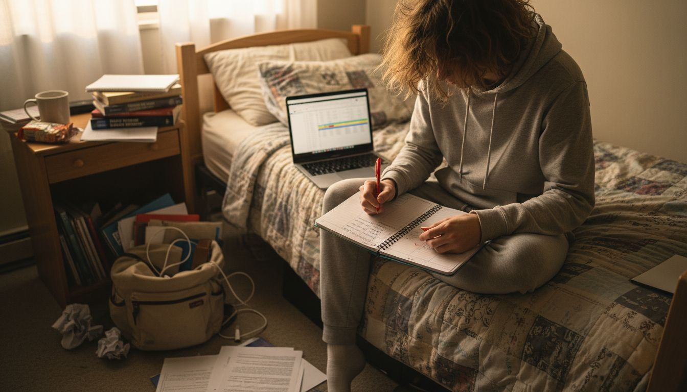 Student organizing tasks with planner and laptop