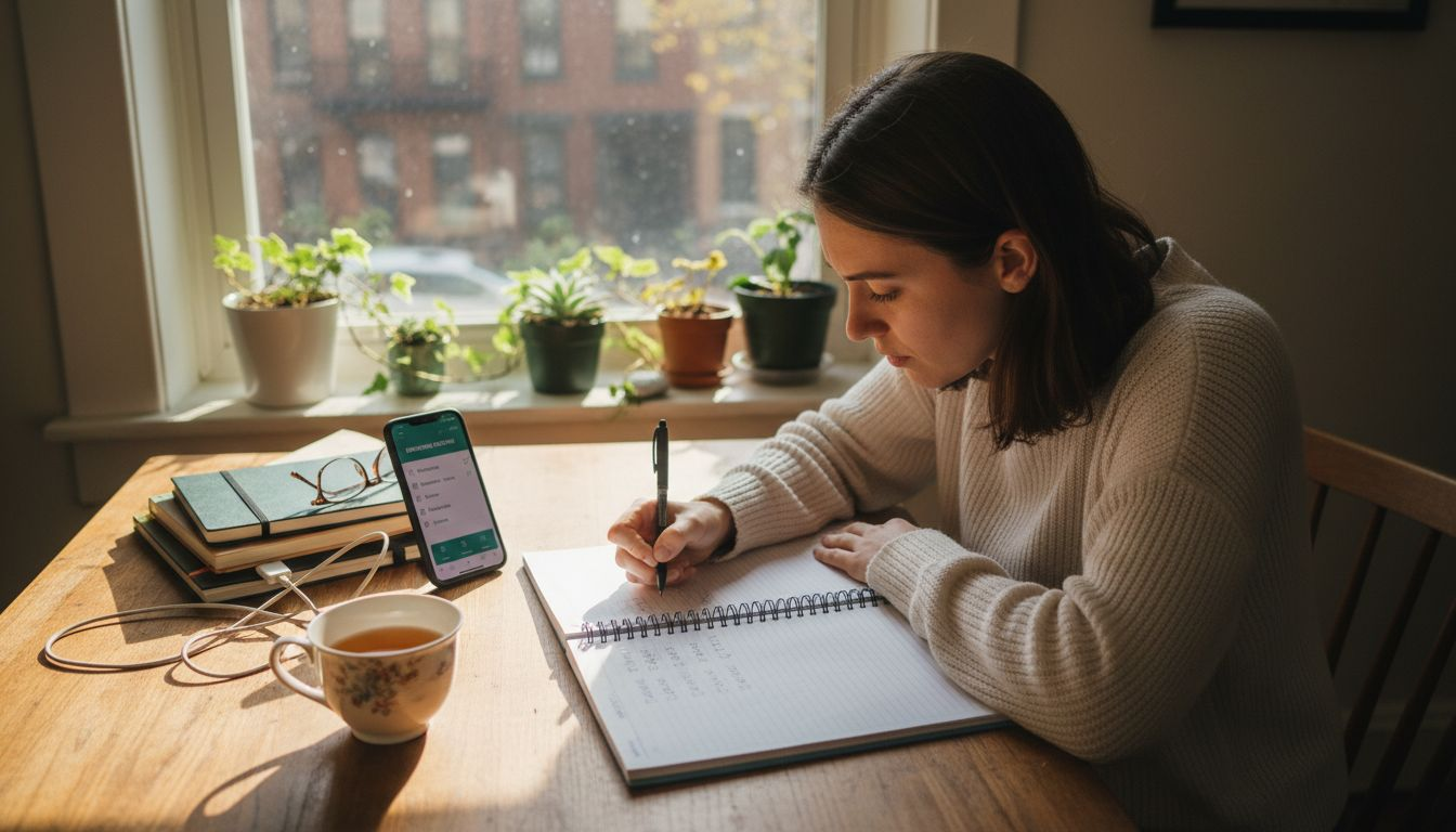 Person updating progress journal at kitchen table