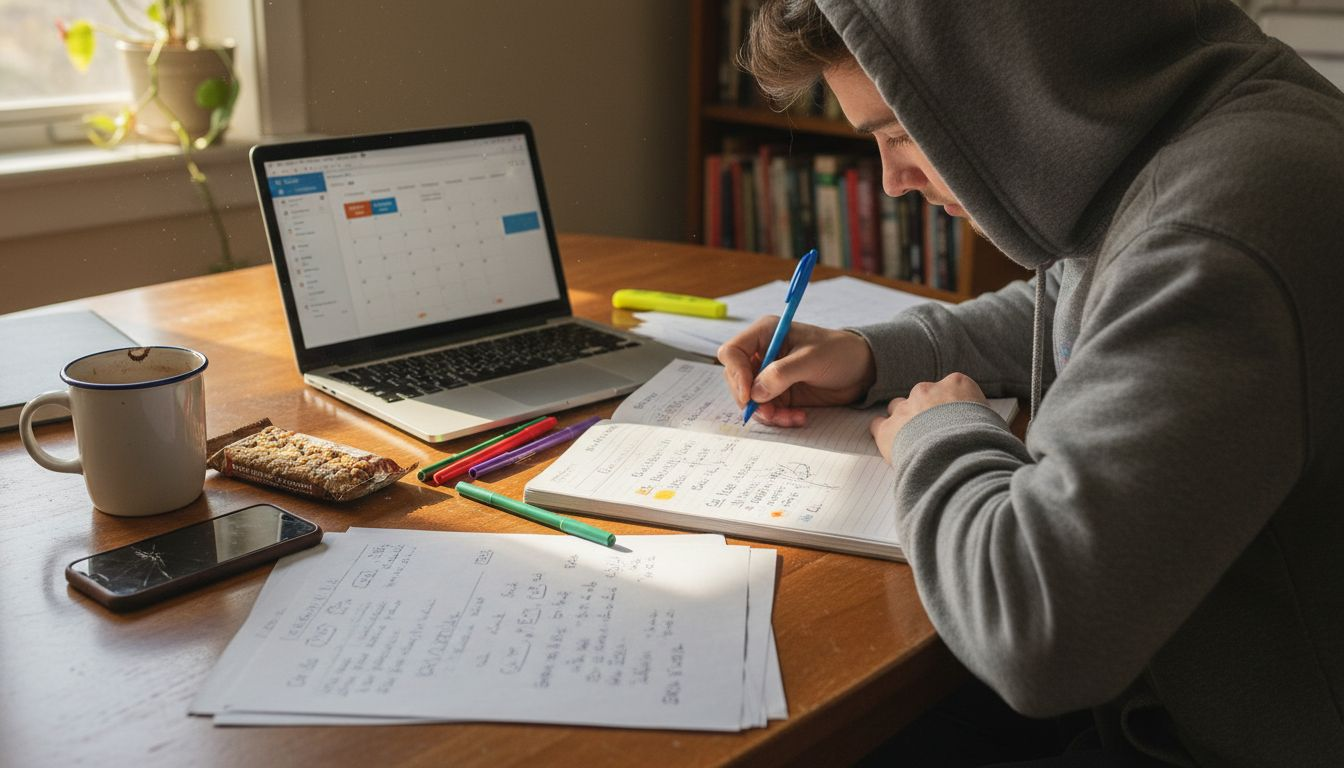 Student planning productivity system at kitchen table