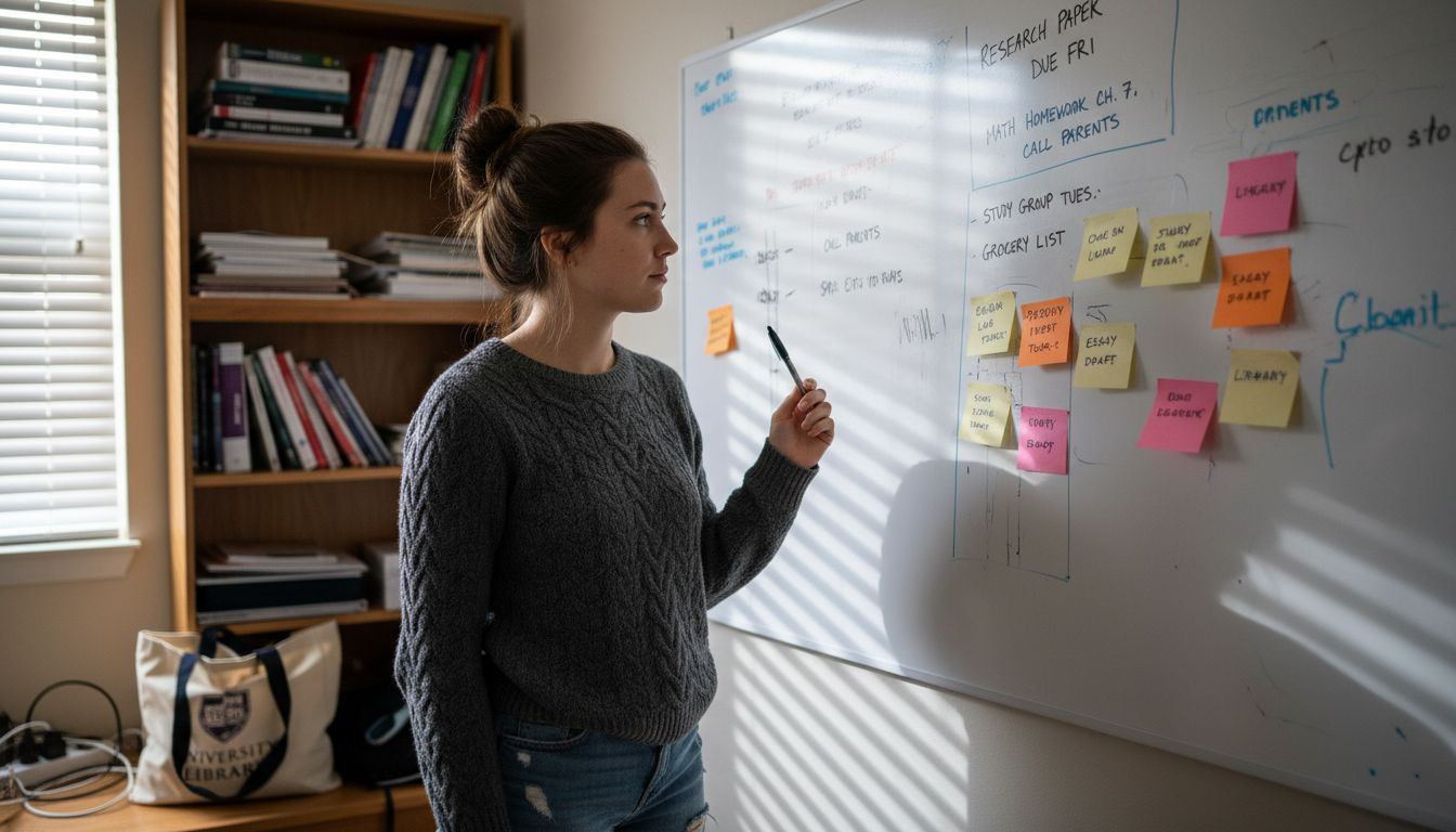Student organizing tasks on whiteboard planner