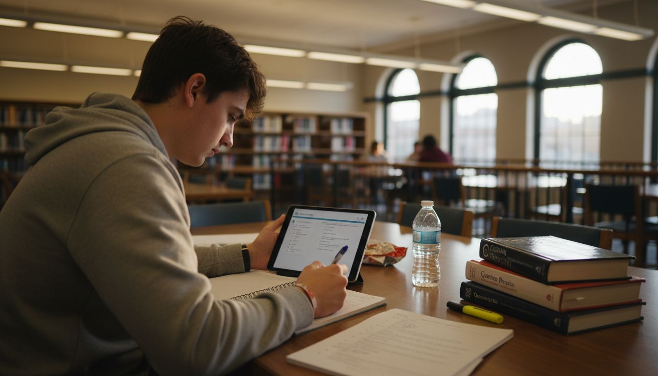 Student reviewing action item checklist in library