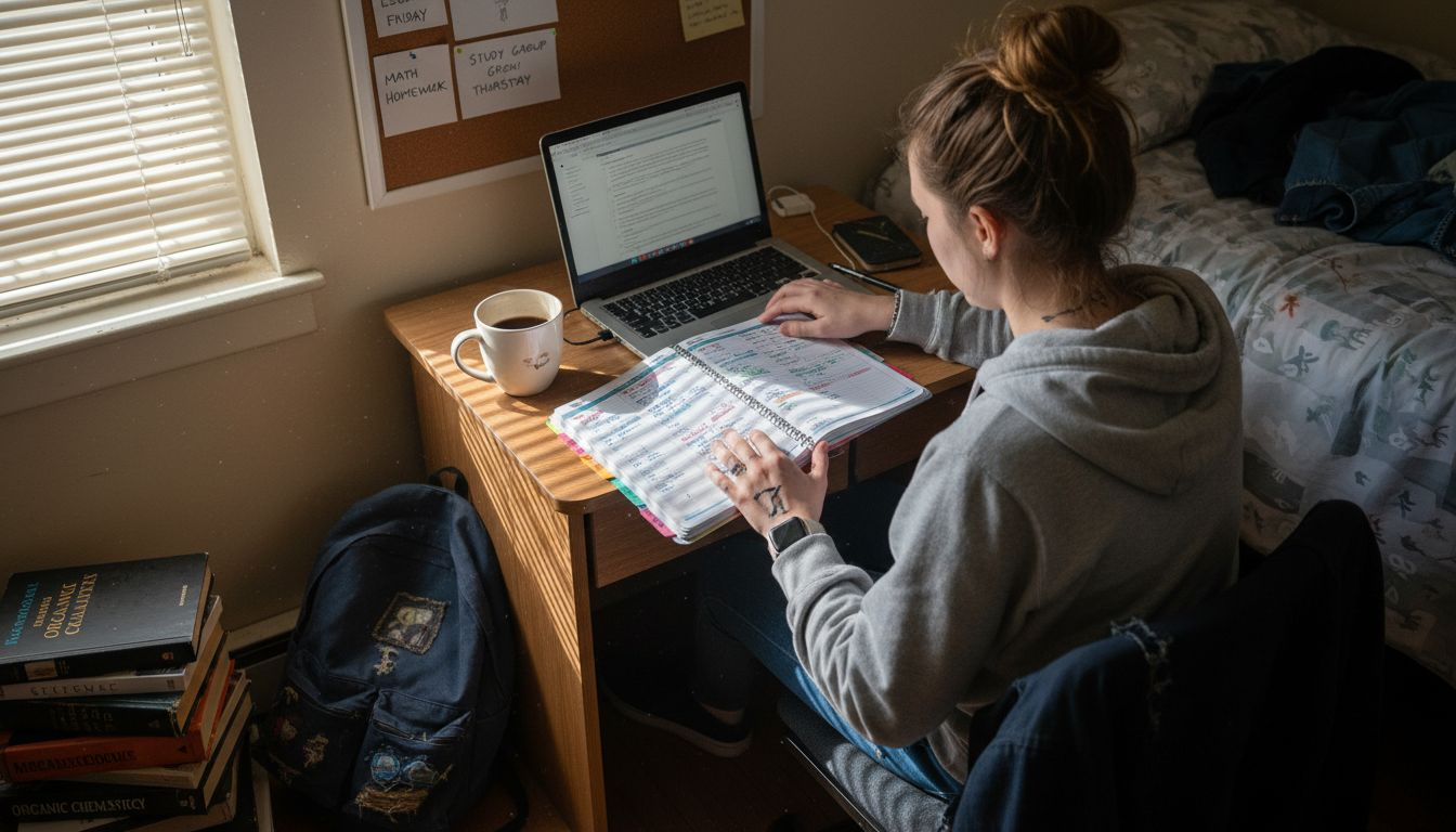 Student planning weekly academic schedule at desk