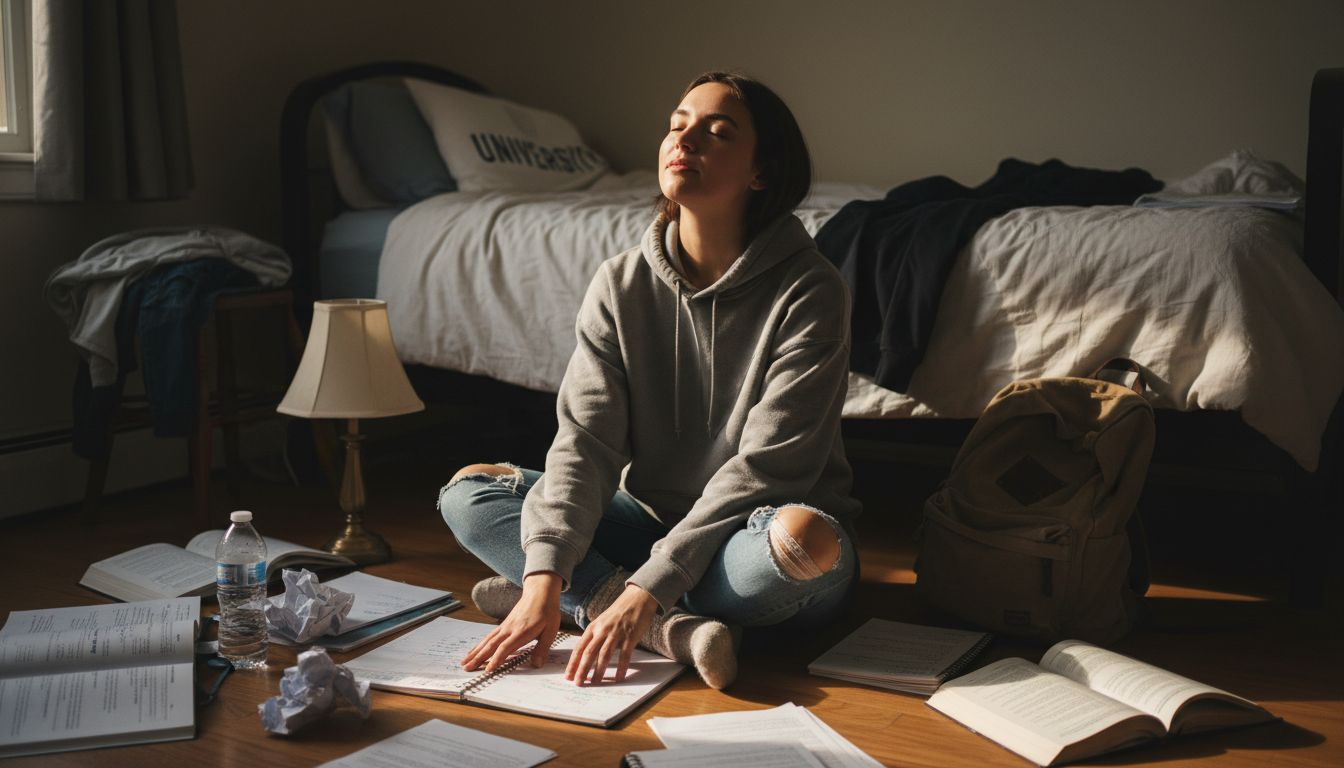 Student practicing stress relief during study