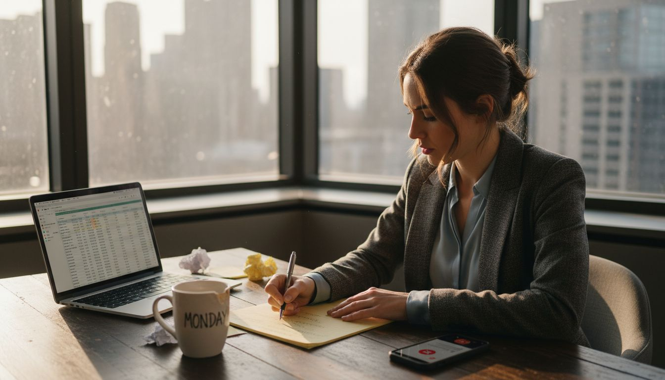Woman crossing off tasks at corner office desk