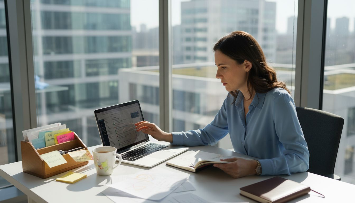 Woman reviewing priorities at bright desk