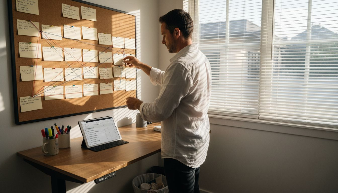 Man linking tasks to goals near corkboard