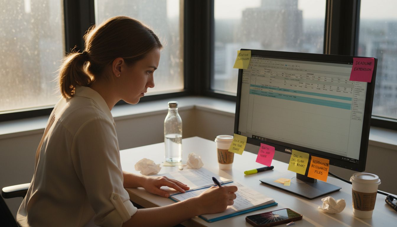 Project tracker workspace with sticky notes and monitor