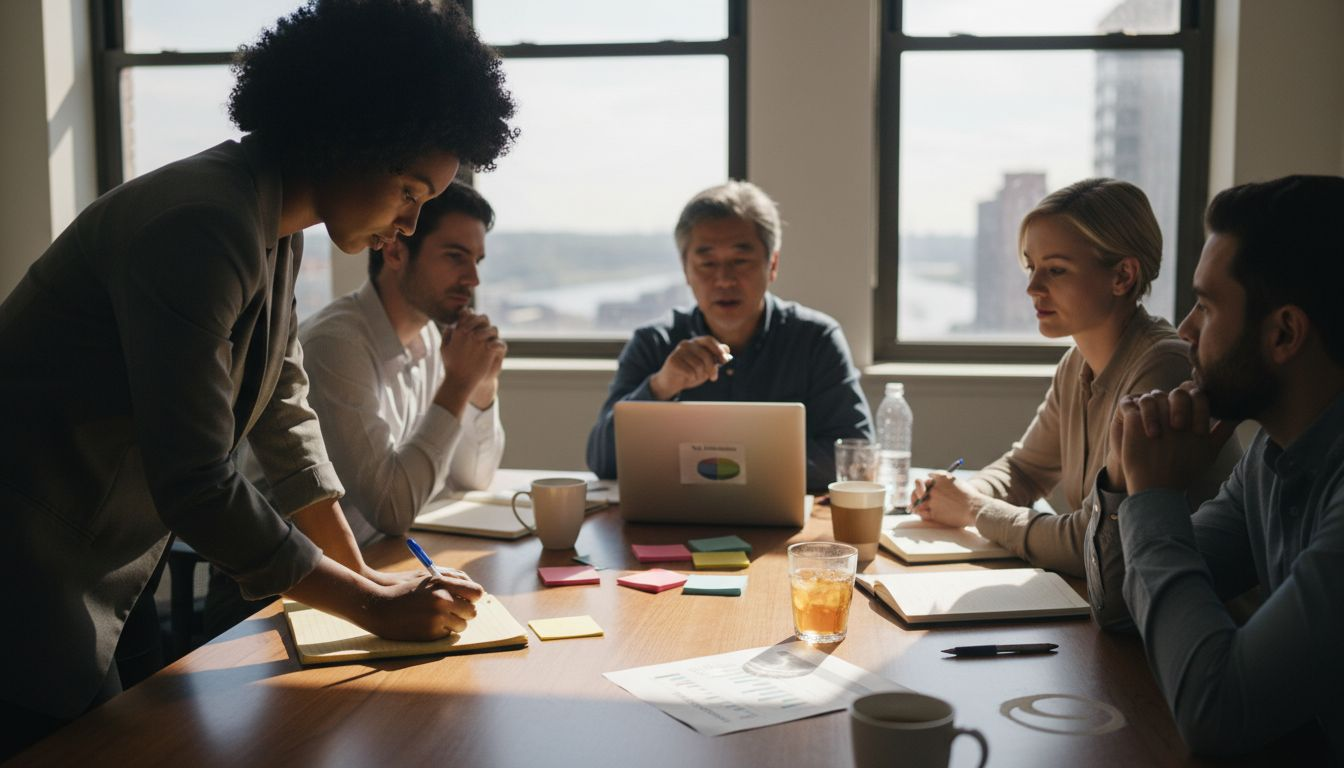 Team members discuss task ownership in office
