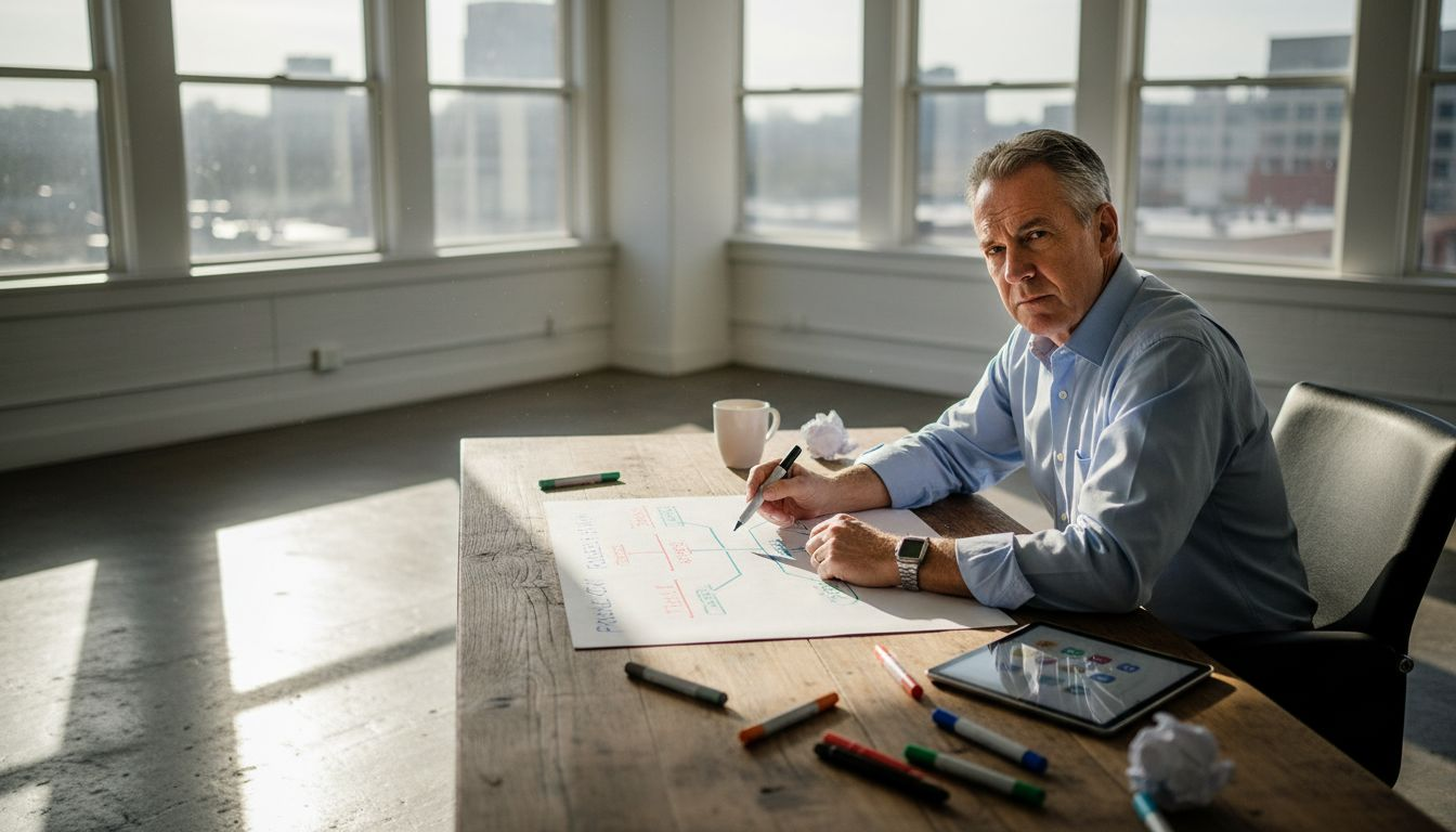 Older man making mind map at desk