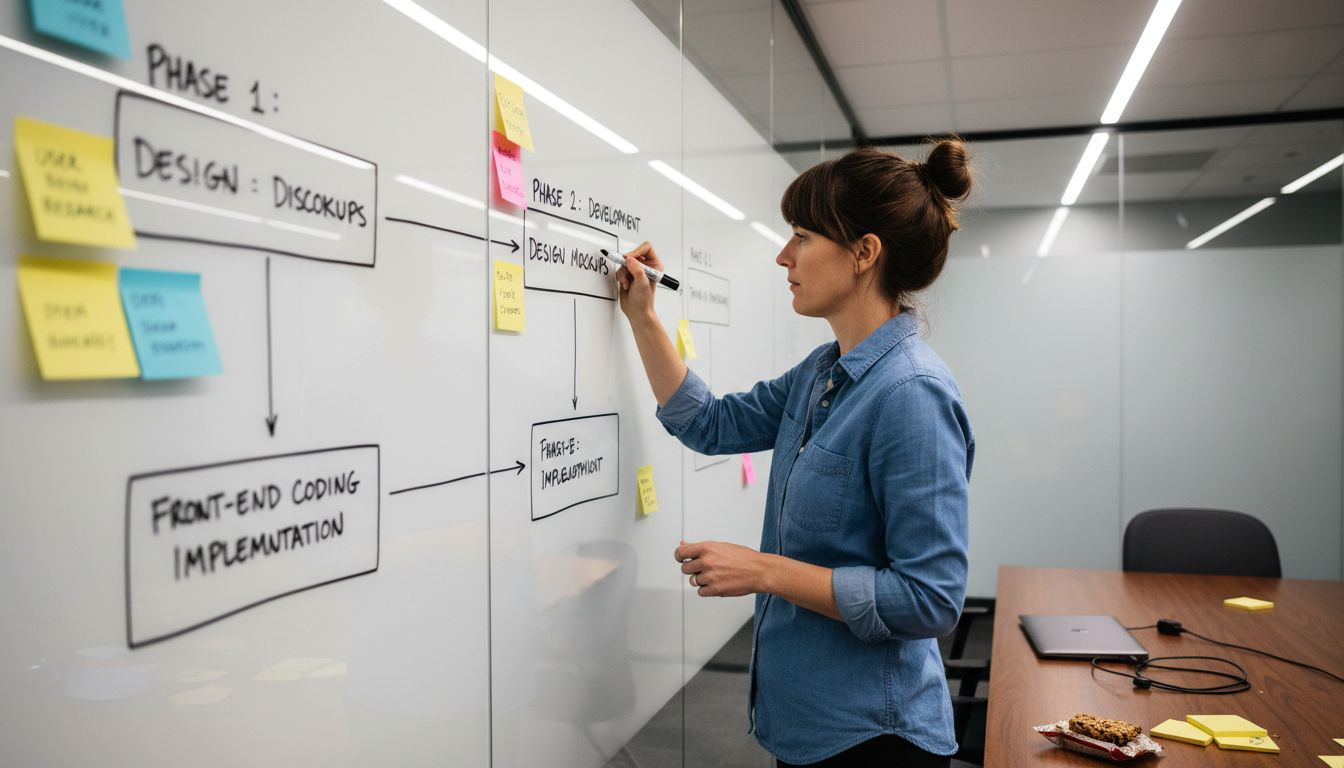 Woman planning workflow on whiteboard