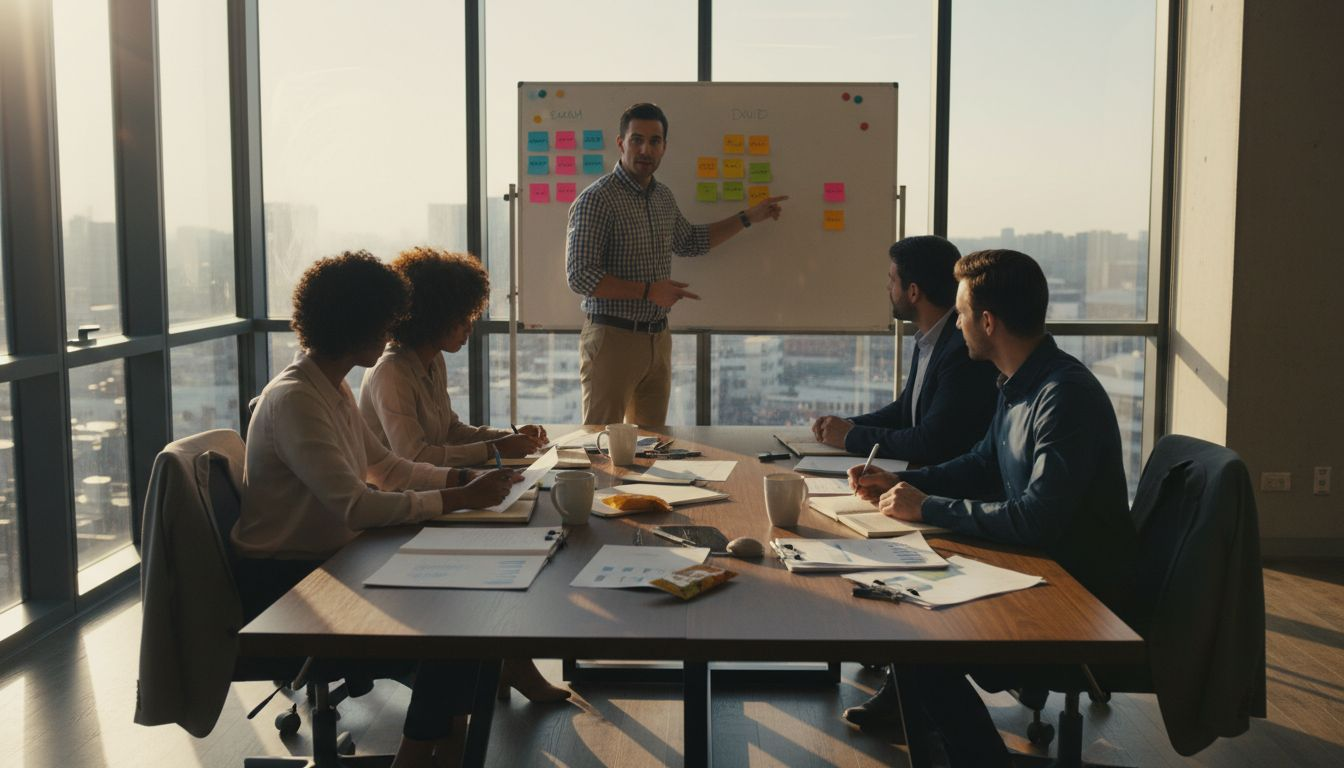 Team discussing task delegation at office table