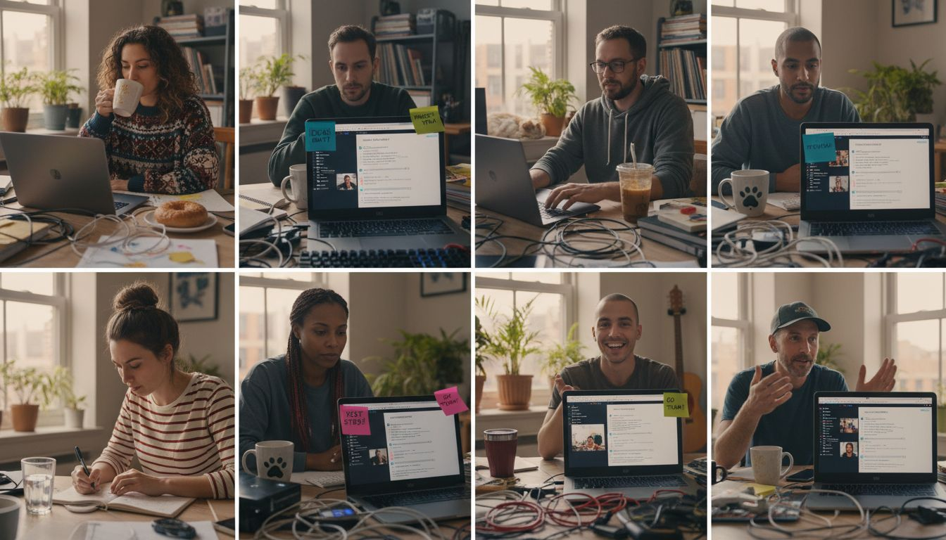 Remote team members collaborating from separate home workspaces