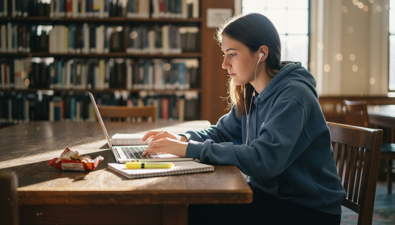Student working on laptop in library setting