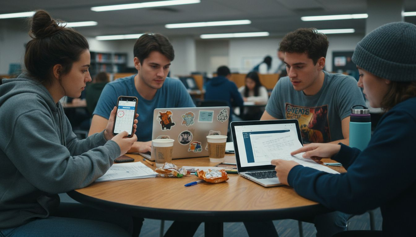 Group of students using tech for study session