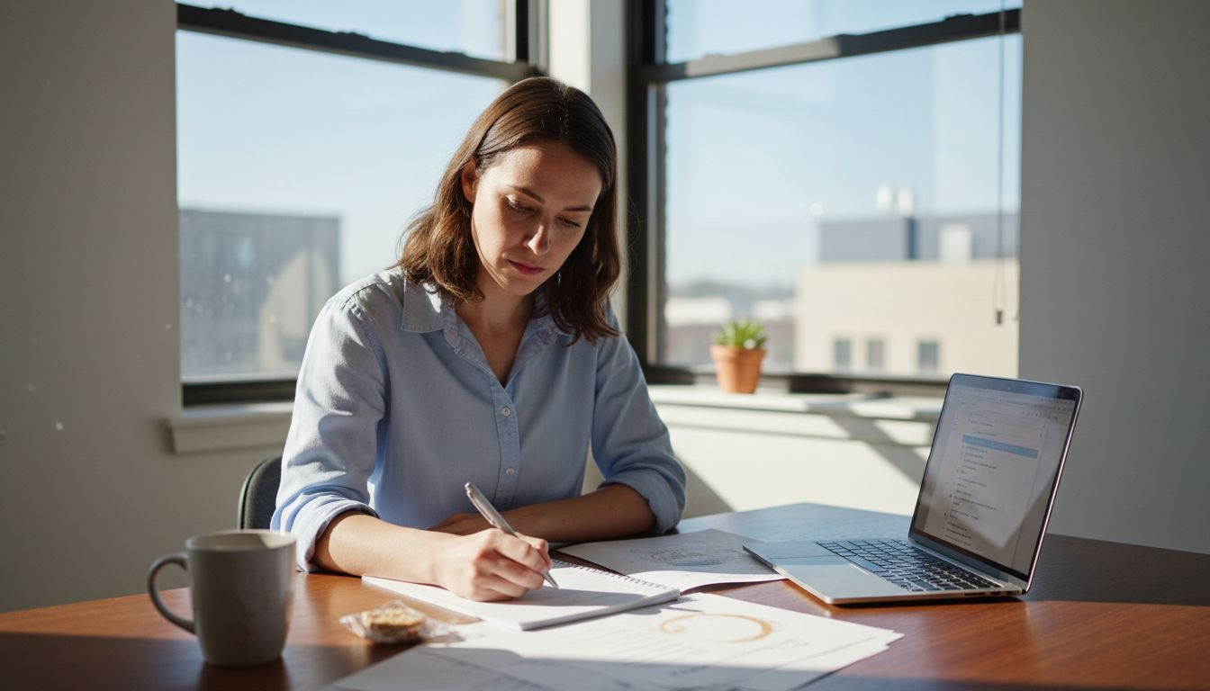 Woman writing to-do list at cluttered desk