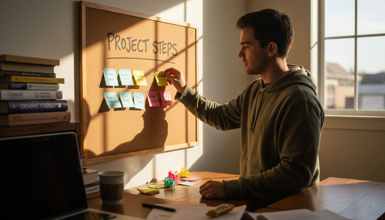 Student arranging project tasks on bulletin board