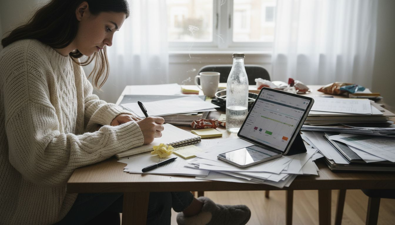 Woman tracking time audit at home table