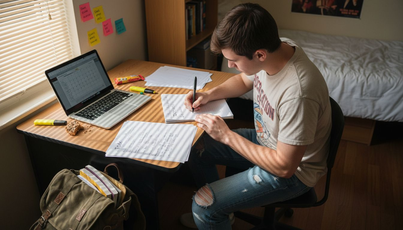 Student writing micro-goals at cluttered dorm desk