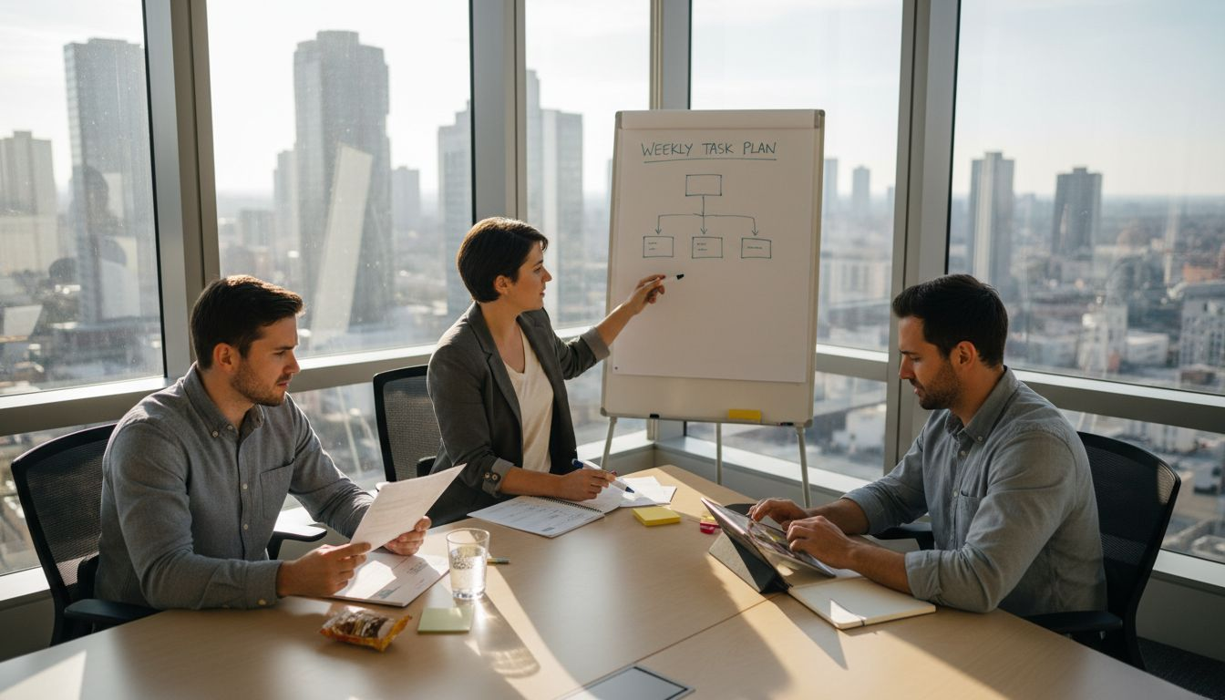 Team collaborating on task delegation in office