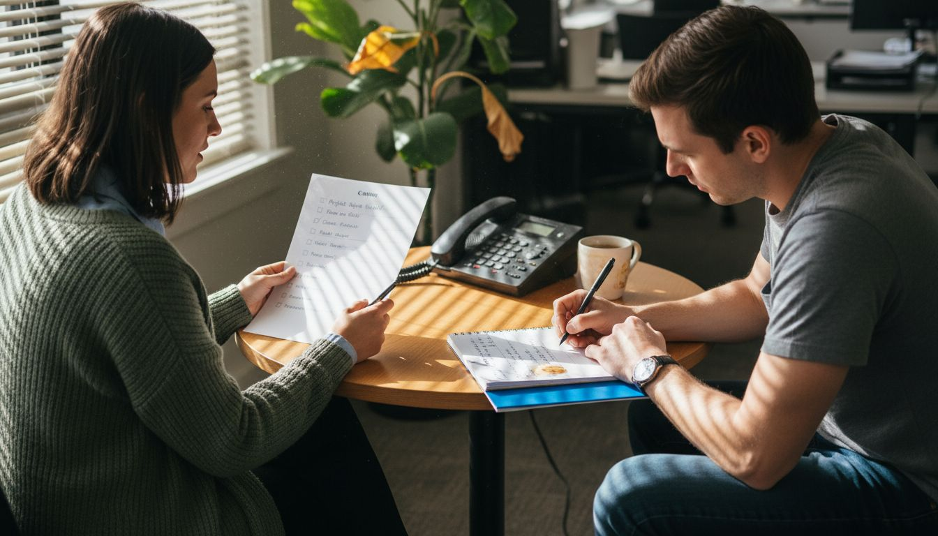 Coworkers discussing assignments at workspace