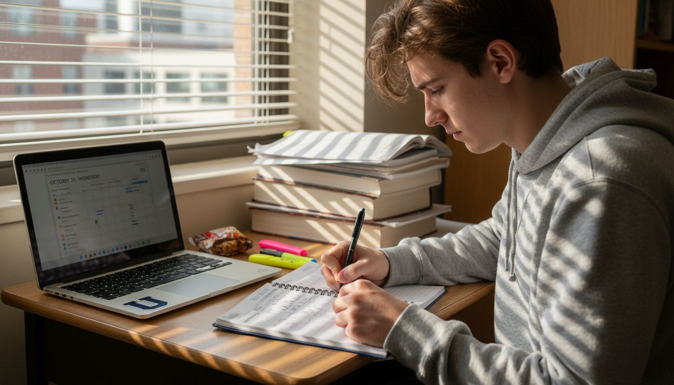 Student updating planner during weekly review