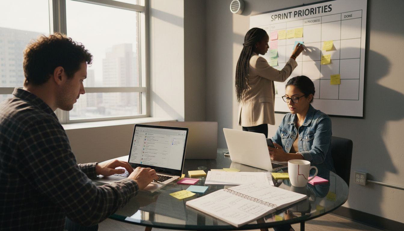 Team adapting productivity workflow in bright office