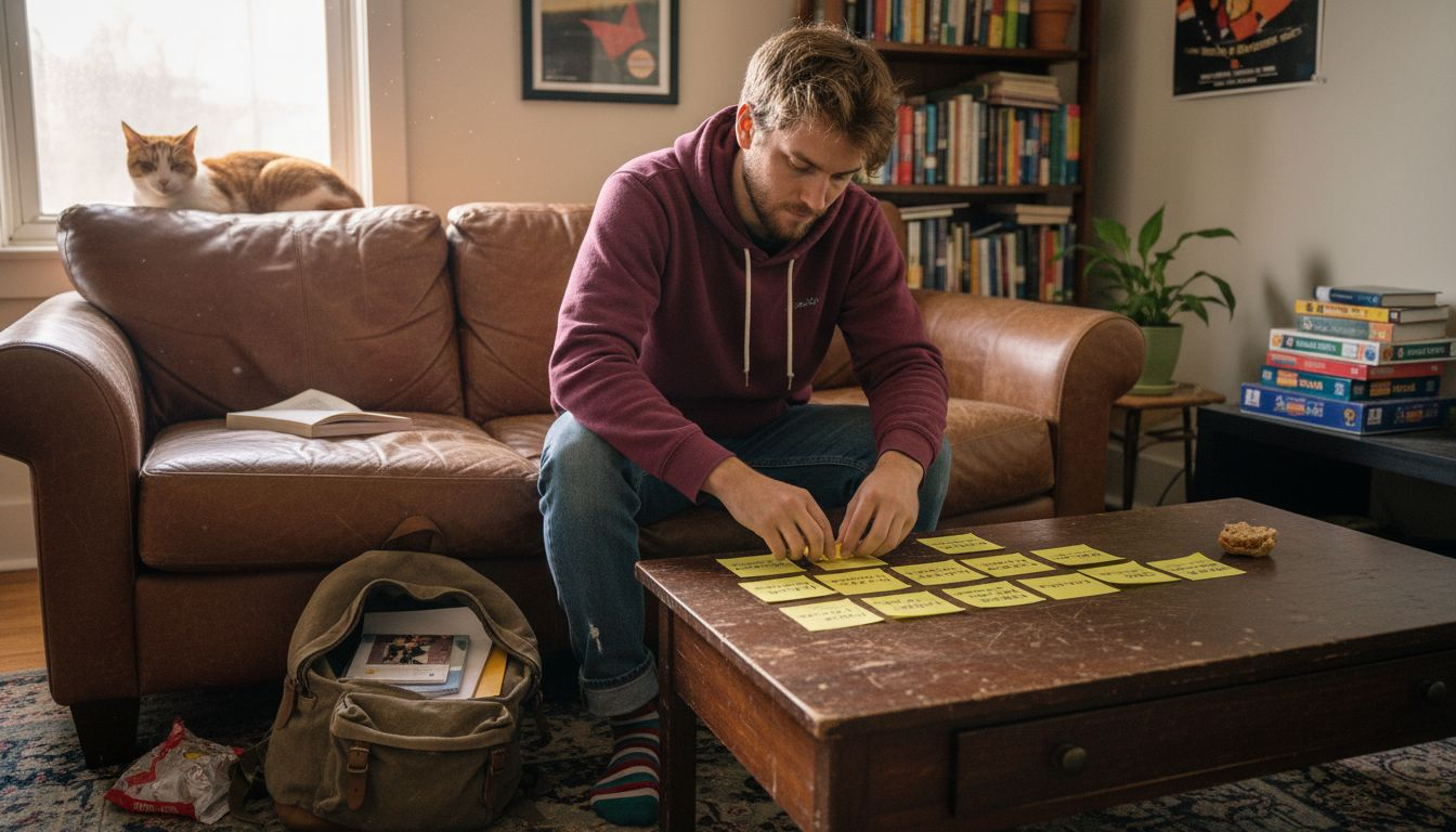 Man organizing sticky notes for goal tasks