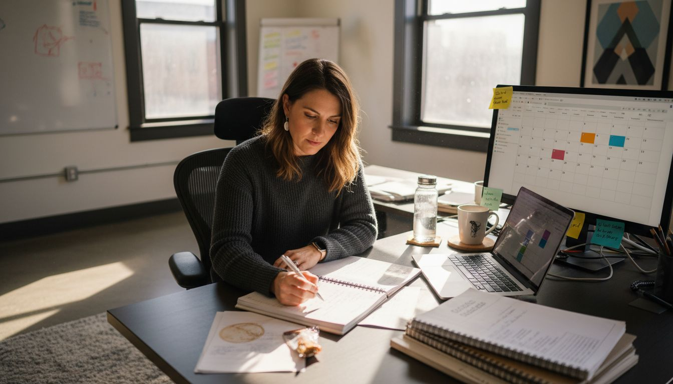Project manager tracking goals in office