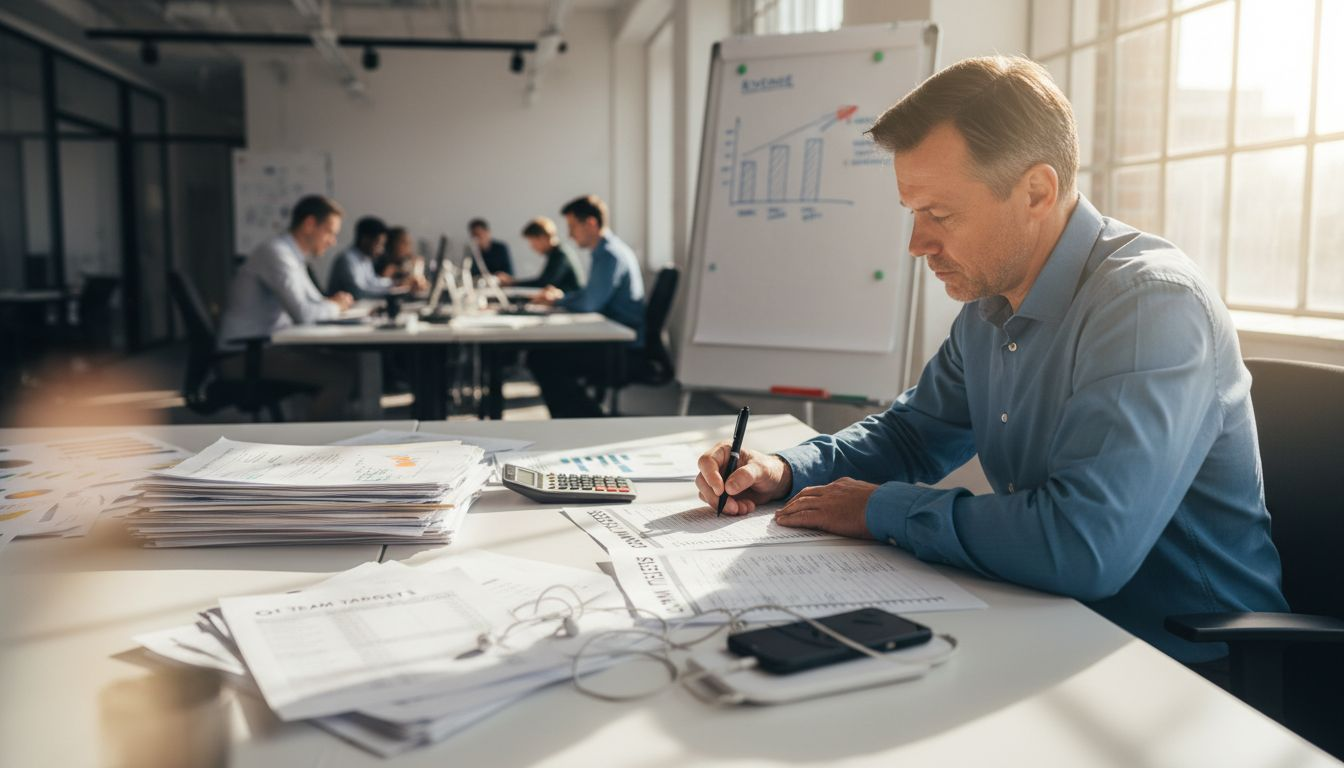 Office worker writing SMART goal metrics