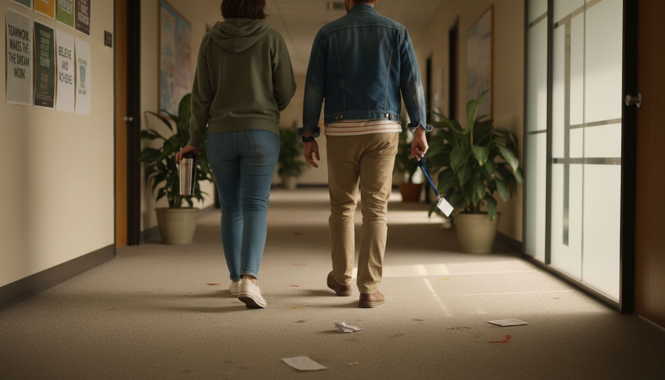 Coworkers walking office hallway during active break