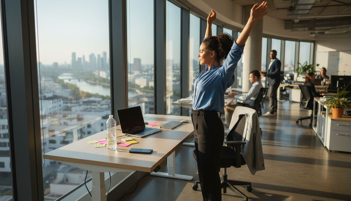 Worker stretches in sunlit office during break