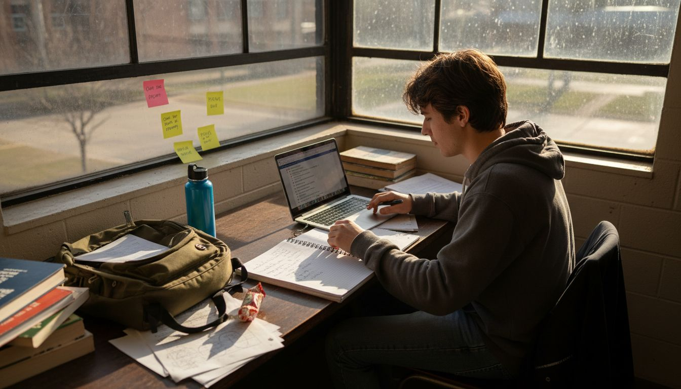 Student multitasking at project management desk