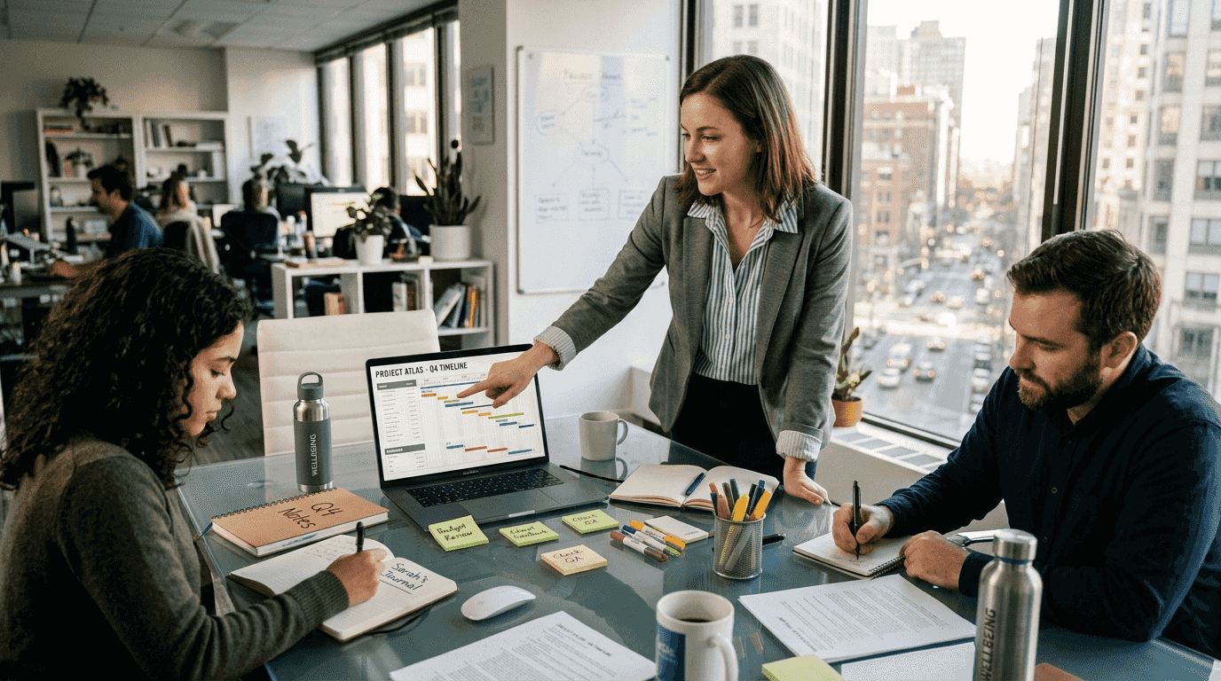 Project manager team reviewing Gantt chart