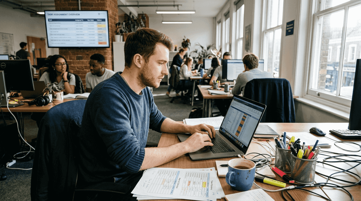 Team lead reviewing task assignment spreadsheet